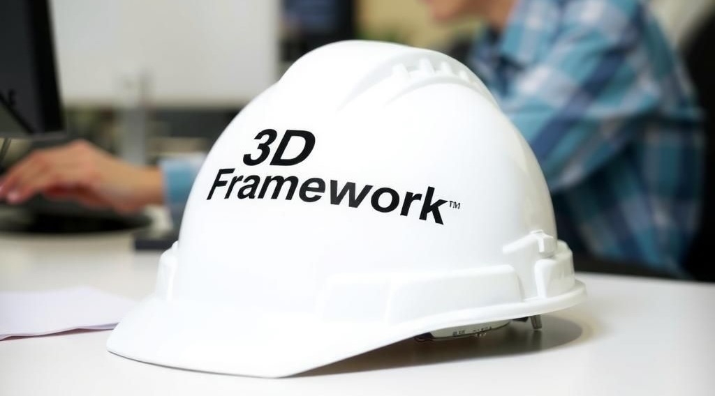 A white hard hat with '3D Framework' written on it, placed on a desk with a blurred background of a person working at a computer.